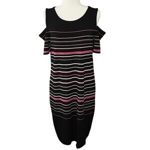 White House Black Market Cold Shoulder Striped Trapeze Dress - Blk/Pink Size L